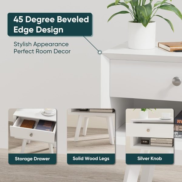 White Night Stand, Mid Century Modern Wood Nightstand with One Drawer, Bedside Table with Open Storage Shelf and Solid Wood Legs, Bed Side Table for Bedroom, End Tables for Living Room