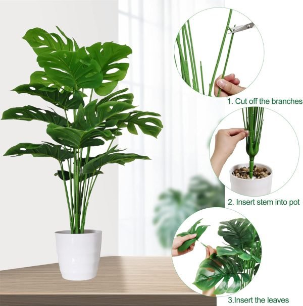 Set of 2 Artificial Monstera Deliciosa Plants in Pots, Fake Tropical Palm Tree with Greenery Leaves Stems, 28 Inch Artificial Cheese Plant for Home Bathroom, Office, Windowsill Decor