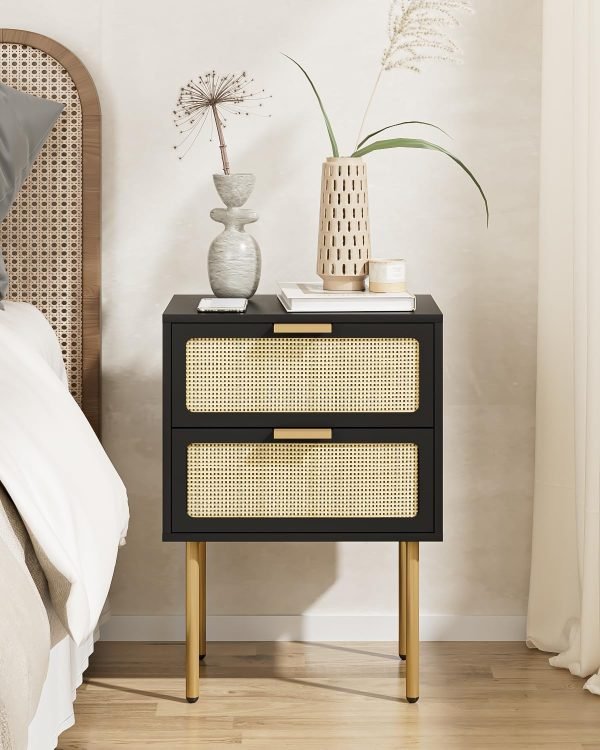 716Zc1Vq6ML._AC_SL1500 Rattan Nightstand, Drawer Dresser for Bedroom, Small Side Table with Drawer, Bedside Furniture, Night Stand, End Table with Gold Frame for Bedroom, Living Room, White