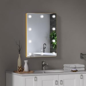 Hollywood Bathroom Mirror 12"*16", Framed Lighted Bathroom Vanity Mirror, Wall Mounted, Dimmable LED Mirror for Bathroom,Gold