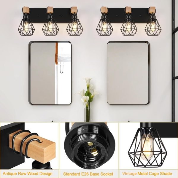 3-Light Farmhouse Bathroom Vanity Light Fixtures, Wood Bathroom Lighting Over Mirror, Black Vanity Lights with Metal Lampshade, Vintage Wall Light Fixtures for Bedroom, Living Room, Hallway