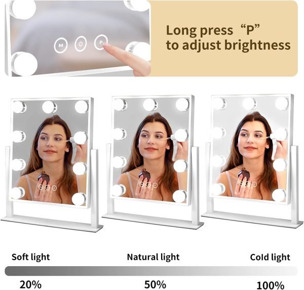 Vanity Mirror with Lights, Makeup Mirror with Lights,3 Color Lighting Modes Detachable 10X Magnification Mirror Touch Control,360°Rotation, White.