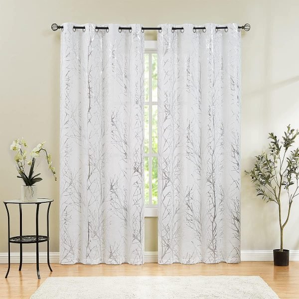 Tree Print Yellow Grey and White Curtains for Living Room Windows - Linen Textured Grommet Branches Pattern Window Treatment Set for Bedroom - 50" W x 96" L - (2 Panels)