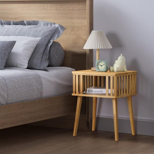 Bamboo Nightstand with Solid Legs Small Side Tables Mid Century Modern Bedside Table for Kids' Bedroom and Small Space, Natural
