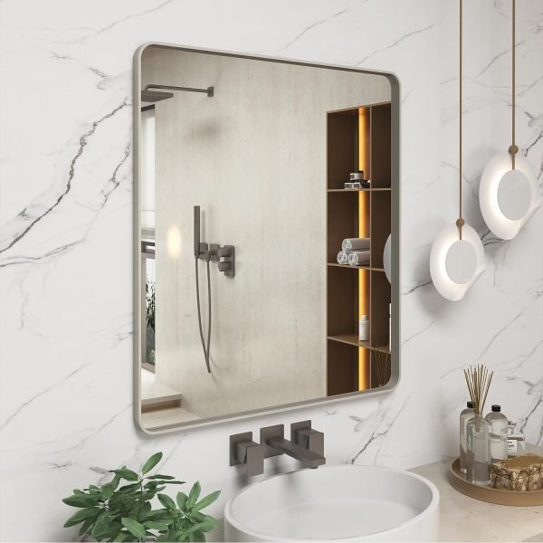718HrVlMBUL._AC_SL1500 20x30 Silver Bathroom Mirror, Silver Wall Mirror for Vanity, Brushed Metal Framed Rectangle Mirror, Anti-Rust, Brushed Nickel,Shatterproof, Round Corners(Horizontally/Vertically)