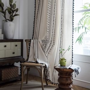 Geometric Semi-Blackout Window Curtains 2 Panels Boho Linen Room Darkening Curtains Tassels Rod Pocket Window Drapes for Bedroom Living Room(52" W x 63" L Pair, Cream)