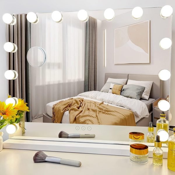 Vanity Mirror with Lights,Lighted Vanity Mirror with 9 Dimmable Bulbs for Dressing Room & Bedroom,3 Color Lighting,Modes Detachable 10x Magnification 360°Ratation(White)