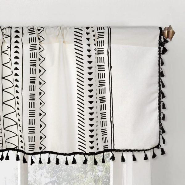 Geometric Semi-Blackout Window Curtains 2 Panels Boho Linen Room Darkening Curtains Tassels Rod Pocket Window Drapes for Bedroom Living Room(52" W x 63" L Pair, Cream)
