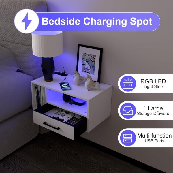 71AUBGLopLL._AC_SL1500 Floating Nightstand with Charging Station and LED Lights, Floating Bedside Table with Drawers Wall Mounted Nightstands,for Bedroom Room, 21.3" x 11.8" x 10",White