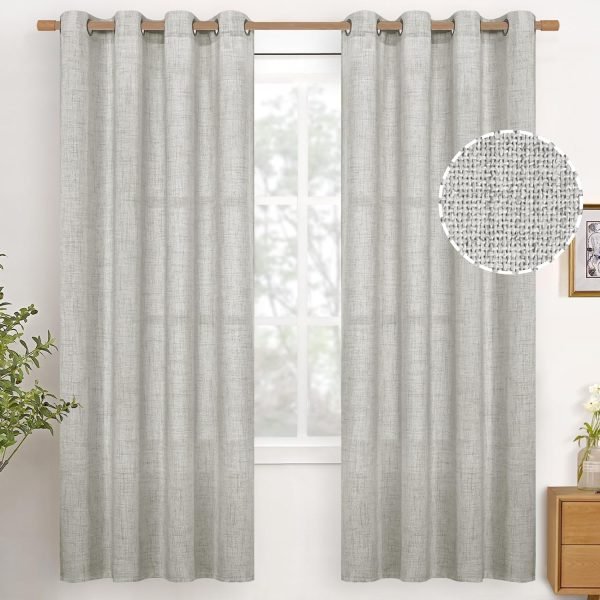 Natural Linen Curtains 63 Inch Length 2 Panels Bronze Grommet Linen Textured Short Window Drapes Light Filtering for Living Room Bedroom, 52 X 63 Inch