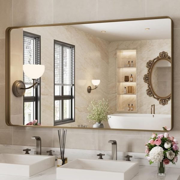 71B2qb7-SlL._AC_SL1500 22x30 Inch Bronze Bathroom Mirror for Vanity, Brushed Bronze Metal Frame Mirror for Wall, Rounded Rectangle Bronze Frame Mirror with Tempered Glass, Anti-Rust (Horizontal/Vertical)