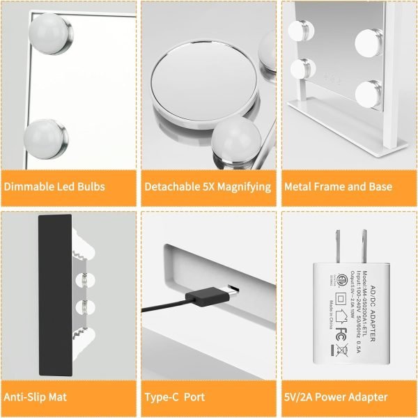 Vanity Mirror with Lights, Makeup Mirror with Lights Lighted Makeup Mirror with 3 Color Lighting Modes and 12 Dimmable Bulbs, Detachable 5X Magnification, Smart Touch Control, 360°Rotation, White