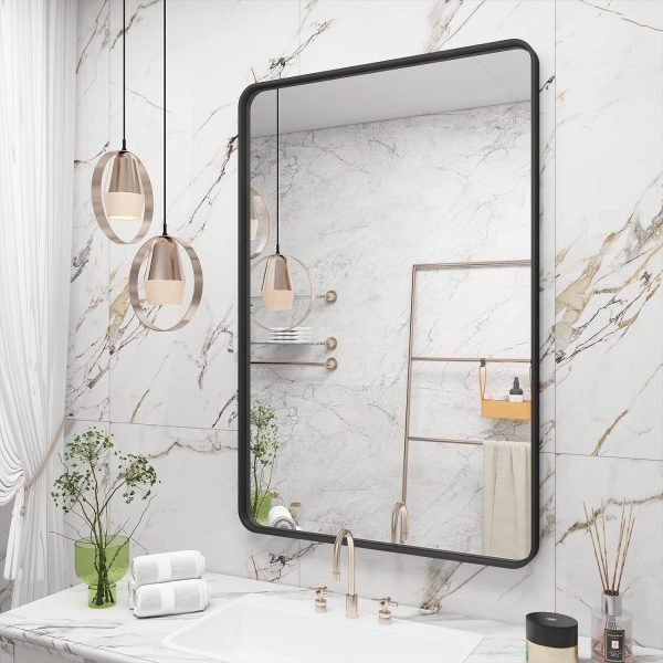 71BzV4doKQL._AC_SL1500 20x30 Silver Bathroom Mirror, Silver Wall Mirror for Vanity, Brushed Metal Framed Rectangle Mirror, Anti-Rust, Brushed Nickel,Shatterproof, Round Corners(Horizontally/Vertically)