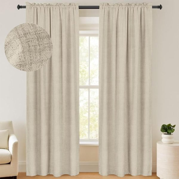 100% Blackout Shield Linen Blackout Curtains 84 Inches Long 2 Panels Set, Blackout Curtains for Bedroom, Thermal Insulated Rod Pocket Window Curtains & Drapes Living Room, 50W X 84L, Beige