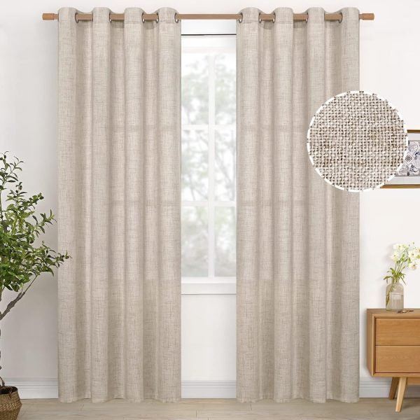 Natural Linen Curtains 63 Inch Length 2 Panels Bronze Grommet Linen Textured Short Window Drapes Light Filtering for Living Room Bedroom, 52 X 63 Inch