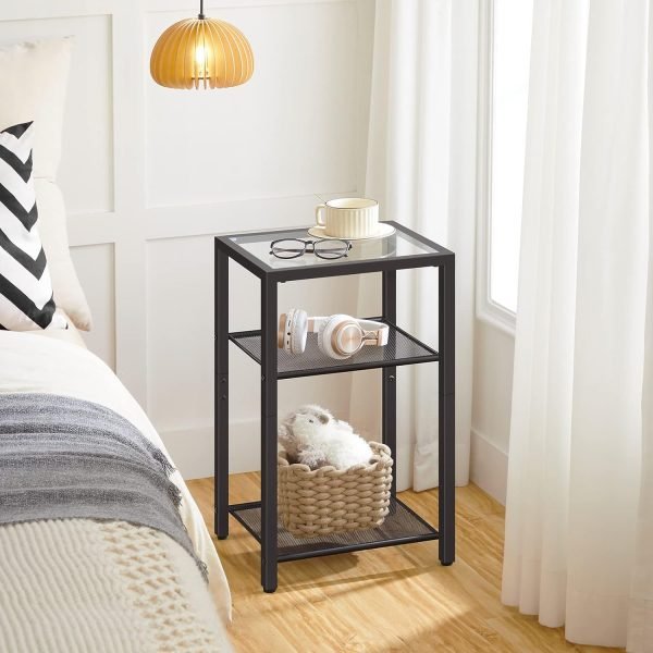 71DmzX4fboL._AC_SL1500 Side Tables Set of 2, 3-Tier Slim Nightstands with Storage Shelves, Modern End Tables, Tempered Glass Bedside Tables, for Living Room, Bedroom, Black BK77BZP201
