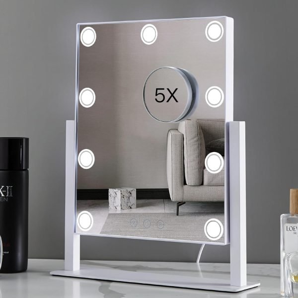 71ECAK1o7wL._AC_SL1500 Lighted Makeup Mirror, Hollywood Vanity Mirror with Lights, Three Color Lighting Modes, and 5X Magnification Mirror, Smart Touch Control, 360°Rotation (15.2in. White)