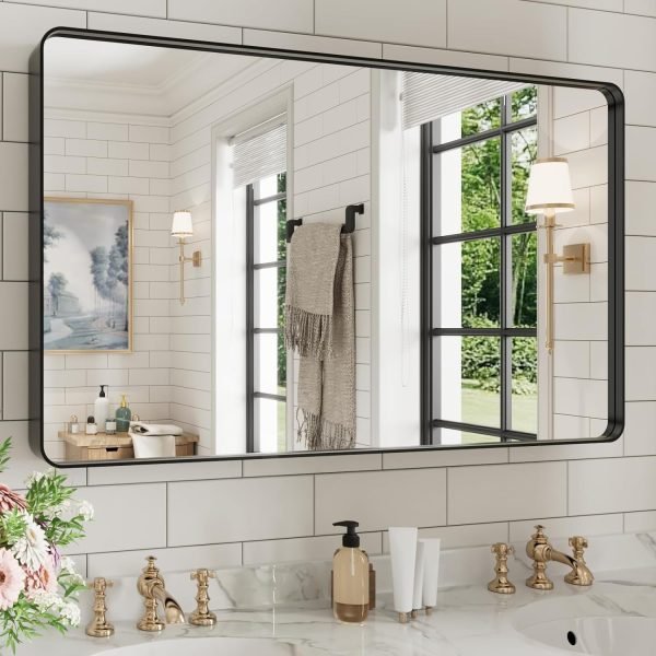 71Ecng9ZAcL._AC_SL1500 22x30 Inch Bronze Bathroom Mirror for Vanity, Brushed Bronze Metal Frame Mirror for Wall, Rounded Rectangle Bronze Frame Mirror with Tempered Glass, Anti-Rust (Horizontal/Vertical)