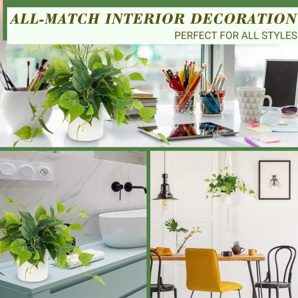 Faux Plants Indoor with Ceramic Pots, Artificial Small Fake Plants with Pothos for Home Decor Fake Potted Plant for Living Room Shelf Home Office Decor（White Ceramic Pot）