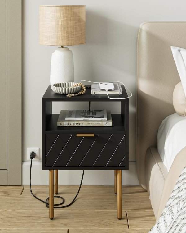 71FGqT8QzGL._AC_SL1500 Nightstand with Charging Station,Small Bedside Table with Gold Frame,White Night Stand,Bedside Furniture,Side Table with Drawer and Shelf for Bedroom,Living Room,Stripe