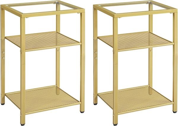 71FZZ-i7NPL._AC_SL1500 Side Tables Set of 2, 3-Tier Slim Nightstands with Storage Shelves, Modern End Tables, Tempered Glass Bedside Tables, for Living Room, Bedroom, Black BK77BZP201