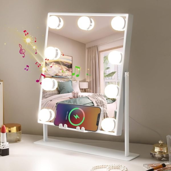 Vanity Mirror with Lights Hollywood Lighted Makeup Mirror with 9 Dimmable Bulbs & 3 Color Lighting Modes, Detachable 10X Magnification Mirror and 360 Degree Rotation(White)
