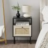 Rattan Nightstand,Modern Boho Farmhouse Wood Bedside Table with Storage Drawer and Open Shelf,Small Gold Frame Side End Table for Bedroom,Living Room,Office(White)