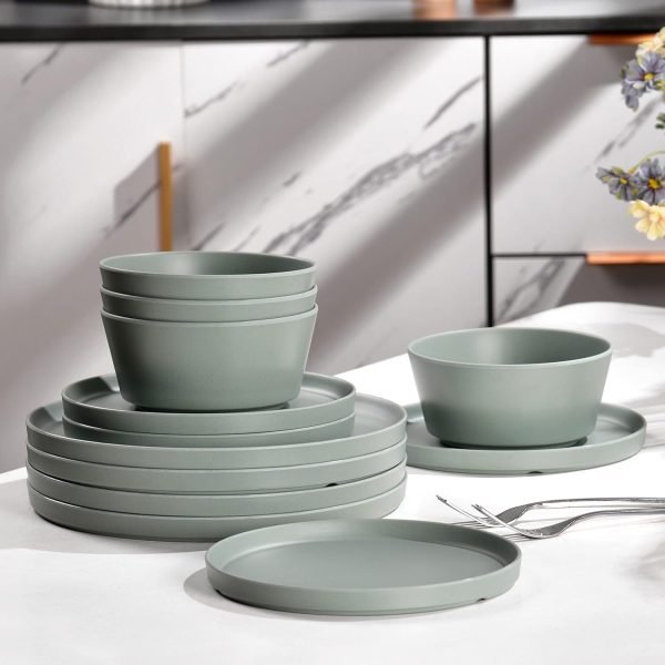 71H7F-hZczL._AC_SL1500 Melamine Dinnerware Sets, Dinnerware Sets For 4, 12pcs Plates And Bowls Sets Unbreakable Dishwasher Safe BPA Free (Sage Green)