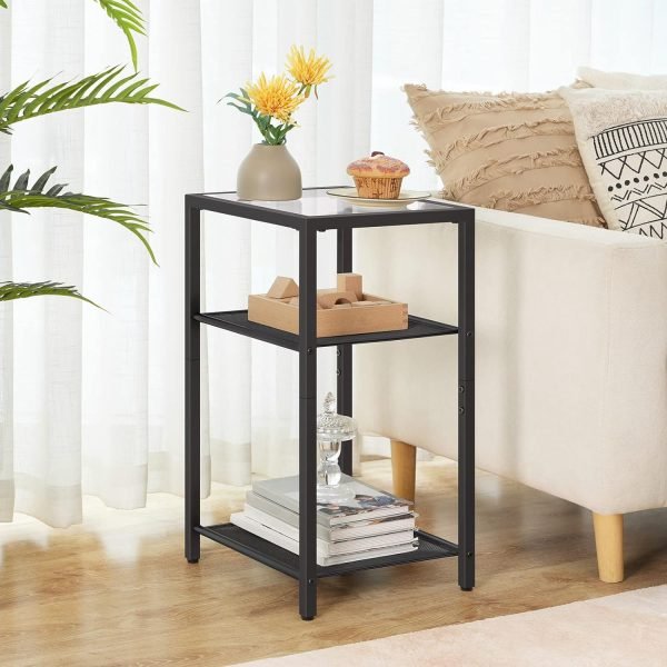71H8IpY2n5L._AC_SL1500 Side Tables Set of 2, 3-Tier Slim Nightstands with Storage Shelves, Modern End Tables, Tempered Glass Bedside Tables, for Living Room, Bedroom, Black BK77BZP201