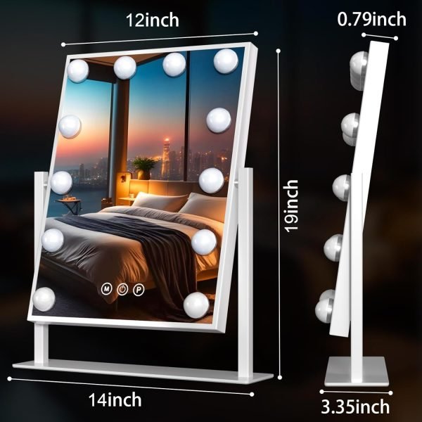 Vanity Mirror with Lights 14" x 19", Lighted Makeup Mirror 12 Dimmable Bulb, Smart Touch Hollywood Vanity Mirror, 3 Color Temperature, White
