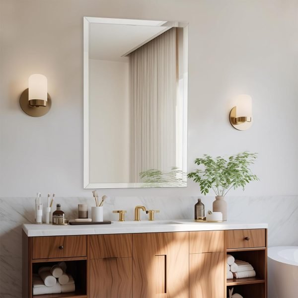 16x24 inch Beveled Bathroom Mirror, Rectangle Frameless Mirror, 1" Polished Beveled Edge Wall Mirror, Beveled Square Mirror for Bathroom, Living Room, Bedroom