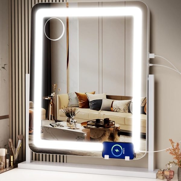 71JVopZpBCL._AC_SL1500 Makeup Vanity Mirror with Lights 15.2" Large LED Lighted Mirror, Hollywood Make Up Mirror with Lighting for Bedroom Tabletop, Smart Touch, Detachable 10X Magnification 360° Rotation, (White)