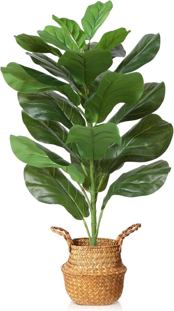 Artificial Fiddle Leaf Fig Tree 37" Fake Potted Ficus Lyrata Plant with Handmade Seagrass Basket, Perfect Faux Plants Home Décor for Indoor Outdoor Office Porch Balcony Bedroom Bathroom Gift