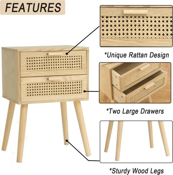 71KFLPdvZpL._AC_SL1500 Rattan Nightstand with Storage, Wood Bedside Table with 2 Rattan Drawers, Boho Night Stand Modern End Side Table for Bedroom and Small Space, Natural Walnut