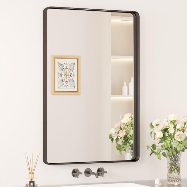 Black Metal Framed Bathroom Mirrors for Wall, 20 x 30 Inch Rounded Rectangle Bathroom Vanity Mirror, Matte Black Farmhouse Mirror with Seamless Frame, HD Tempered Glass(Horizontal/Vertical)
