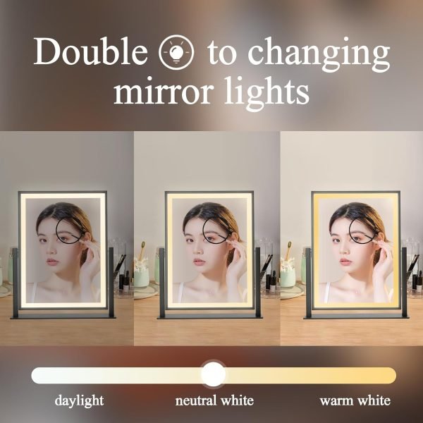 71KYWGfpVYL._AC_SL1500 Lighted Vanity Mirror Fashion Makeup Mirror 12in Black for Desktop with Detachable,10x Magnifying,360° Rotation,Adjustable Warm White/Natural/Daylight Dimmable Light Memory,Birthday Gift for Woman
