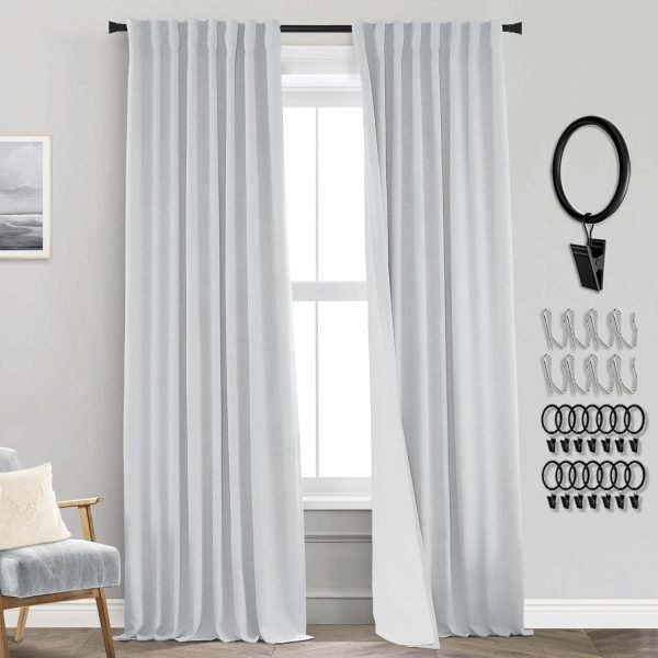 108 Inch Long Blackout Curtains & Drapes for Track System Pleated with Hooks Rings 2 Panels Set,Linen Black Out Back Tab 9FT Ceiling to Floor Length Curtains for Living Room,Cream Ivory