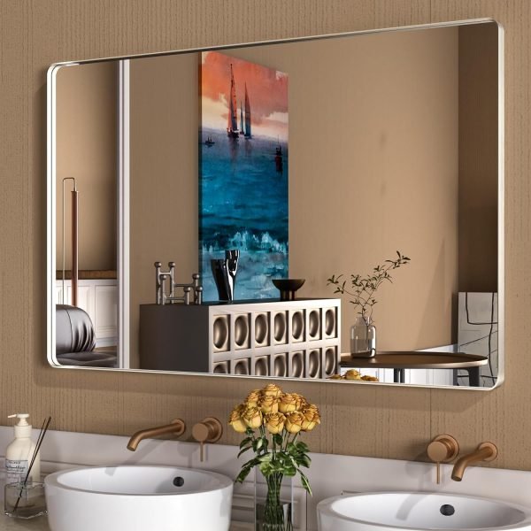71L6uJ2Z2RL._AC_SL1500 22x30 Inch Bronze Bathroom Mirror for Vanity, Brushed Bronze Metal Frame Mirror for Wall, Rounded Rectangle Bronze Frame Mirror with Tempered Glass, Anti-Rust (Horizontal/Vertical)