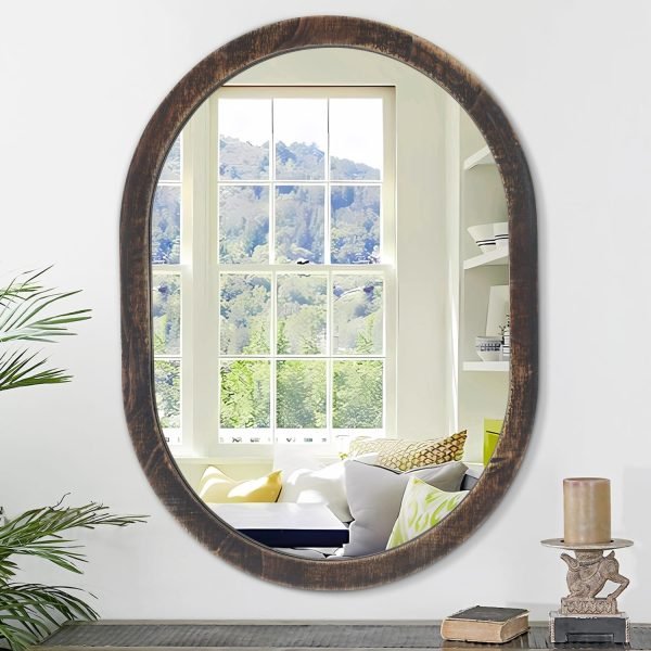 Large Oval Wood Mirror 26 x 18 Inch, Wall Framed Bathroom Mirror for Vanity Farmhouse Rustic White Mirror for Vanity Living Room Entryway Bedroom