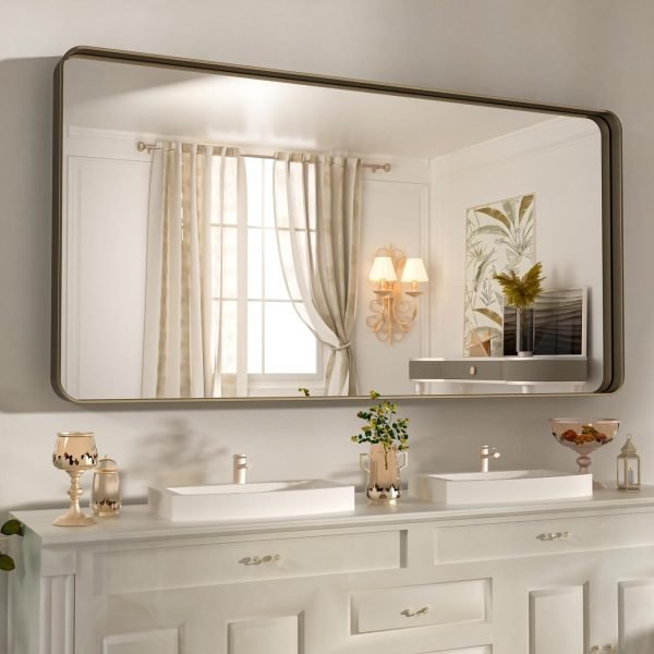 71LED15qVEL._AC_SL1500 22x30 Inch Bronze Bathroom Mirror for Vanity, Brushed Bronze Metal Frame Mirror for Wall, Rounded Rectangle Bronze Frame Mirror with Tempered Glass, Anti-Rust (Horizontal/Vertical)
