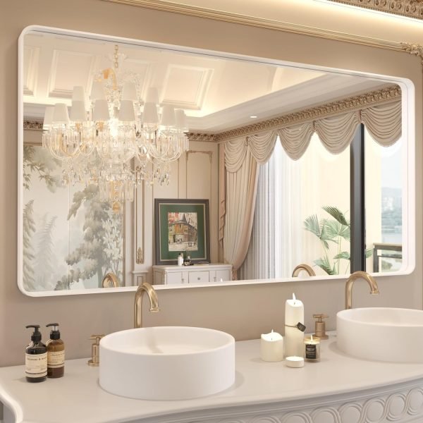 71LK6Y6a6zL._AC_SL1500 22x30 Inch Bronze Bathroom Mirror for Vanity, Brushed Bronze Metal Frame Mirror for Wall, Rounded Rectangle Bronze Frame Mirror with Tempered Glass, Anti-Rust (Horizontal/Vertical)