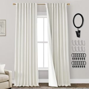 71LM_nphCAL._AC_SL1500 108 Inch Long Blackout Curtains & Drapes for Track System Pleated with Hooks Rings 2 Panels Set,Linen Black Out Back Tab 9FT Ceiling to Floor Length Curtains for Living Room,Cream Ivory