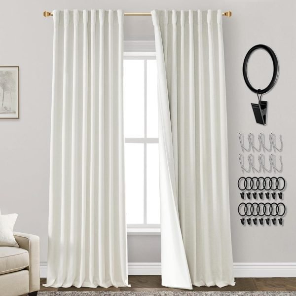 108 Inch Long Blackout Curtains & Drapes for Track System Pleated with Hooks Rings 2 Panels Set,Linen Black Out Back Tab 9FT Ceiling to Floor Length Curtains for Living Room,Cream Ivory