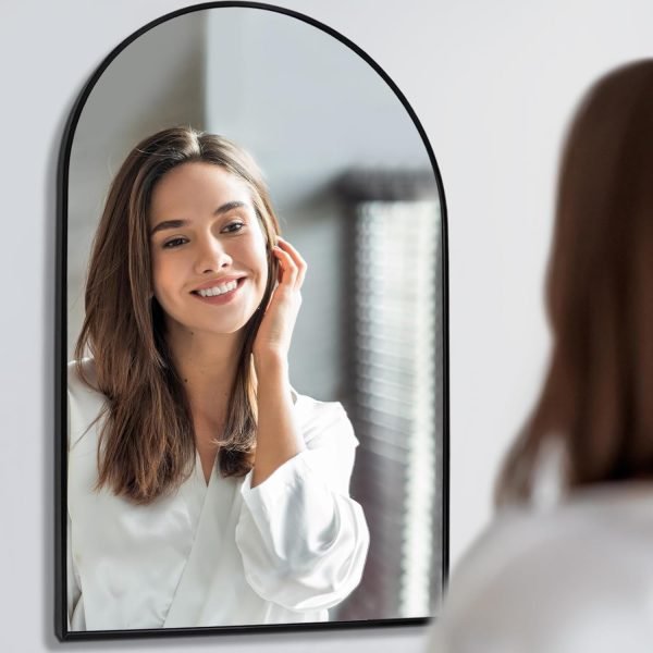 Arched Wall Mirror 20x30 Inch, Black Arch-top Bathroom Vanity Wall Mounted Mirror, Bedroom Modern Black Metal Framed Mirror