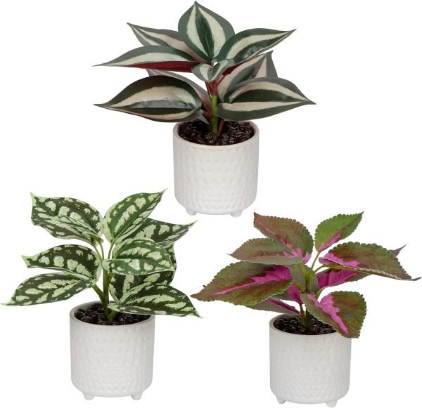 Fake Plants Indoor 8 Inch Artificial Monstera Leaves in Ceramic Pot - Faux Potted Tropical Palm Plant for Home Aesthetic Decor Living Room Shelf Office