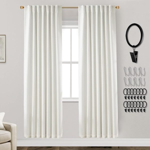 108 Inch Long Blackout Curtains & Drapes for Track System Pleated with Hooks Rings 2 Panels Set,Linen Black Out Back Tab 9FT Ceiling to Floor Length Curtains for Living Room,Cream Ivory