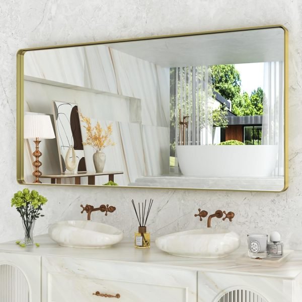 71O6uw9PiWL._AC_SL1500 22x30 Inch Bronze Bathroom Mirror for Vanity, Brushed Bronze Metal Frame Mirror for Wall, Rounded Rectangle Bronze Frame Mirror with Tempered Glass, Anti-Rust (Horizontal/Vertical)
