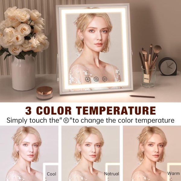 Hollywood Vanity Mirror with Lights, 10''x12'' Memory Makeup Mirror with 3 Color Modes Tabletop Vanity Lighted Mirror with Smart Touch Control, Gifts for Christmas Housewarming Gifts