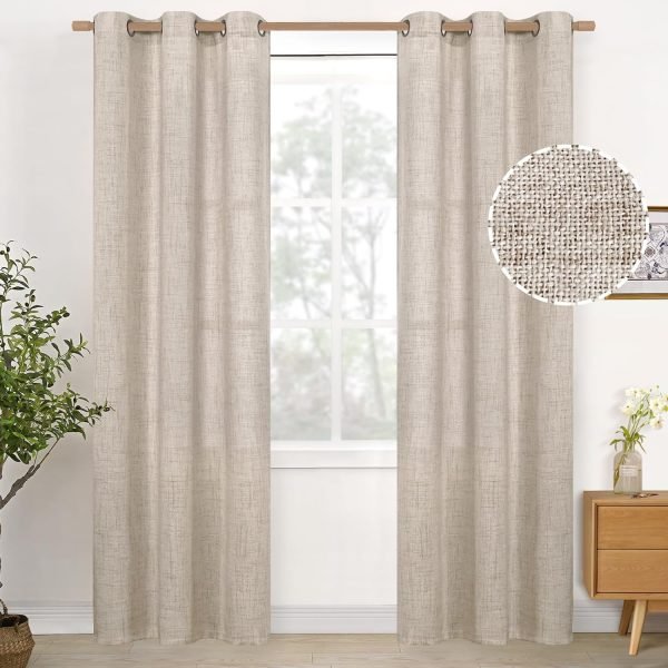 Natural Linen Curtains 63 Inch Length 2 Panels Bronze Grommet Linen Textured Short Window Drapes Light Filtering for Living Room Bedroom, 52 X 63 Inch