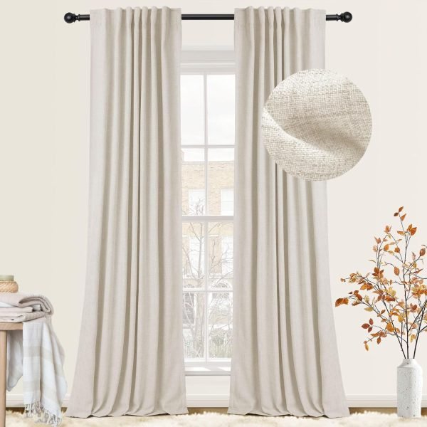 100% Blackout Curtains for Bedroom, Thermal Insulated Linen Blackout Curtains 96 Inch Length 2 Panels Set, Back Tab/Rod Pocket Room Darkening Curtains for Bedroom, Nursery -Oatmeal,W50 X L96